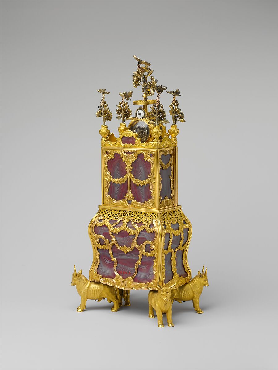 Miniature secretary incorporating a watch, James Cox (British, ca. 1723–1800), Case: agate, with gold mounts, gilded brass, pearls, and paste jewels set in silver; Dial: white enamel; Movement: wheel balance and cock set with paste jewels, British, London