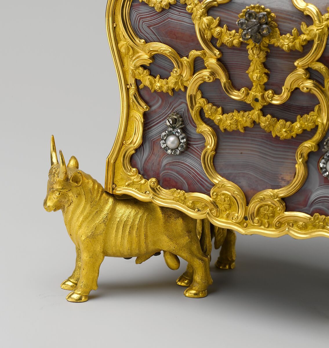 Miniature secretary incorporating a watch, James Cox (British, ca. 1723–1800), Case: agate, with gold mounts, gilded brass, pearls, and paste jewels set in silver; Dial: white enamel; Movement: wheel balance and cock set with paste jewels, British, London