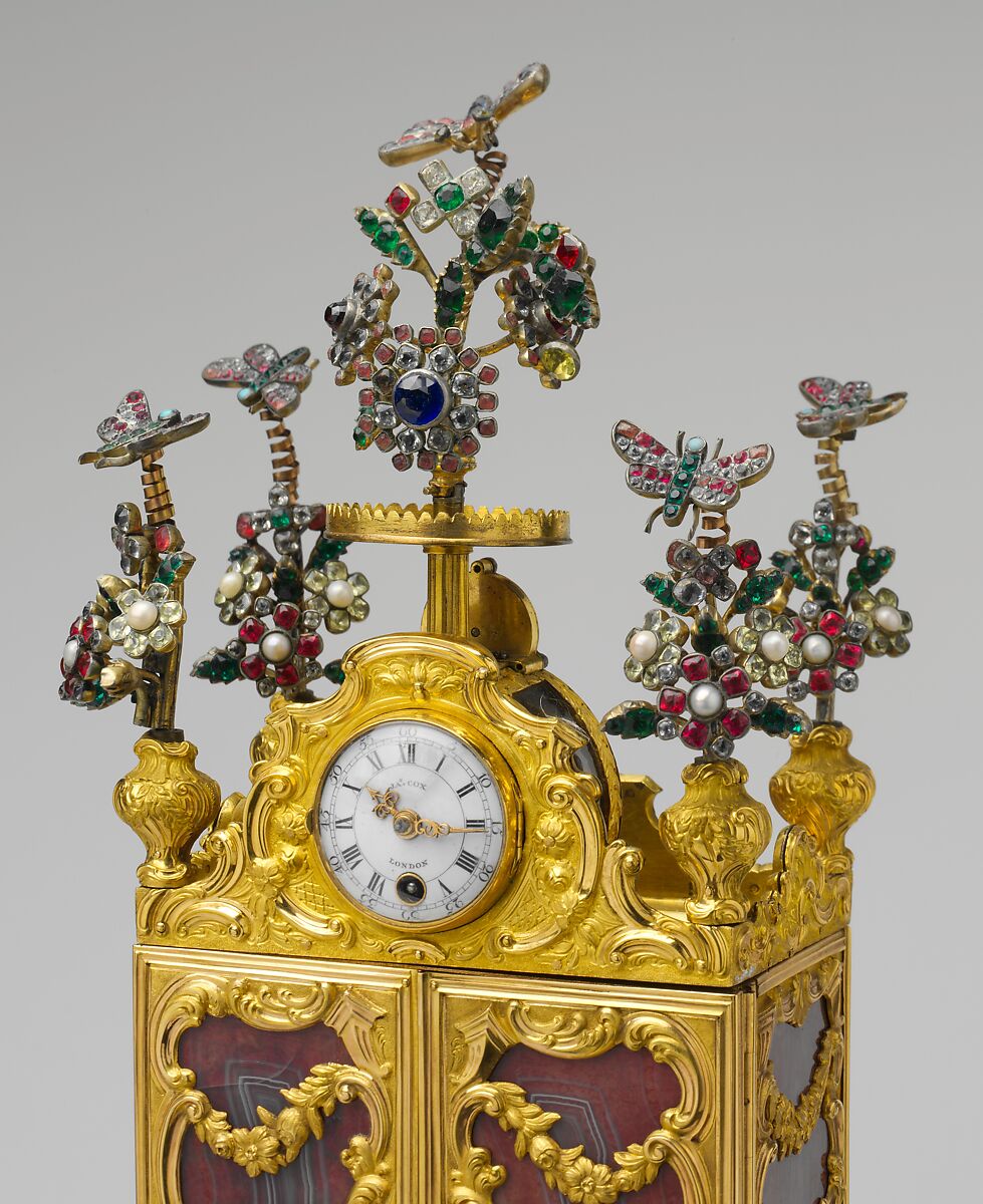 Miniature secretary incorporating a watch, James Cox (British, ca. 1723–1800), Case: agate, with gold mounts, gilded brass, pearls, and paste jewels set in silver; Dial: white enamel; Movement: wheel balance and cock set with paste jewels, British, London