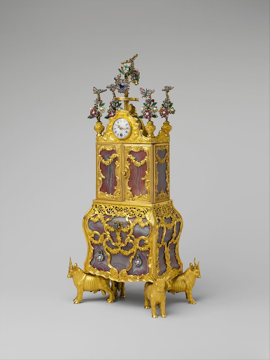 Miniature secretary incorporating a watch, James Cox (British, ca. 1723–1800), Case: agate, with gold mounts, gilded brass, pearls, and paste jewels set in silver; Dial: white enamel; Movement: wheel balance and cock set with paste jewels, British, London