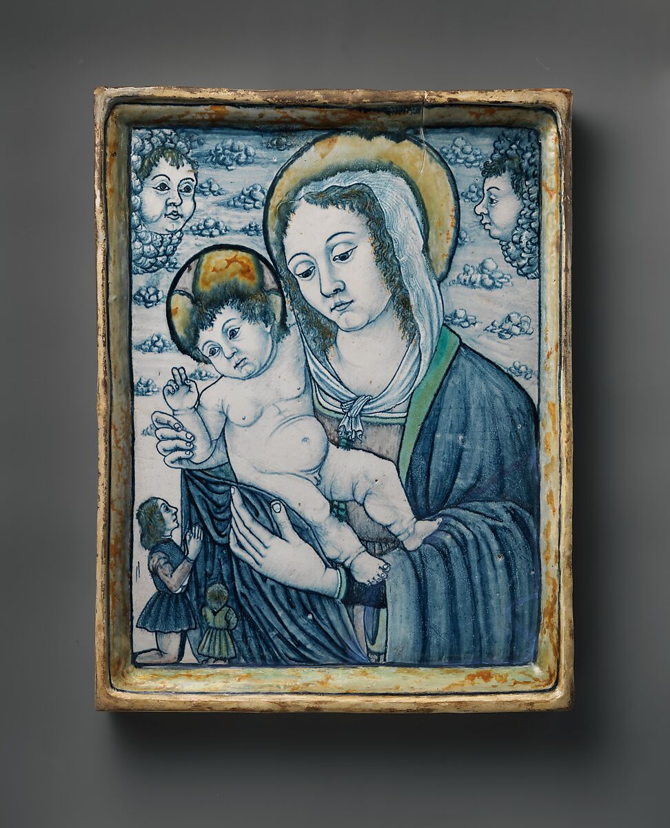 Devotional plaque with The Madonna and Child with Donors, Maiolica (tin-glazed earthenware), Italian, perhaps Emilia-Romagna (possibly Faenza) or the Marche 