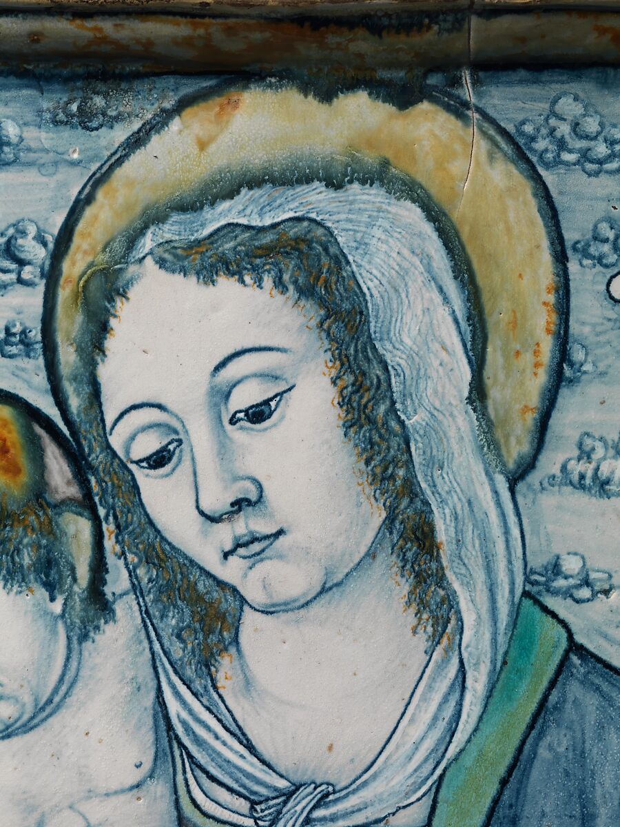 Devotional plaque with The Madonna and Child with Donors, Maiolica (tin-glazed earthenware), Italian, perhaps Emilia-Romagna (possibly Faenza) or the Marche