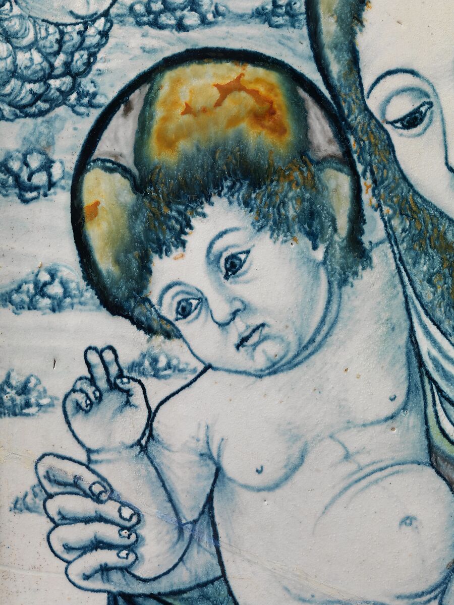 Devotional plaque with The Madonna and Child with Donors, Maiolica (tin-glazed earthenware), Italian, perhaps Emilia-Romagna (possibly Faenza) or the Marche
