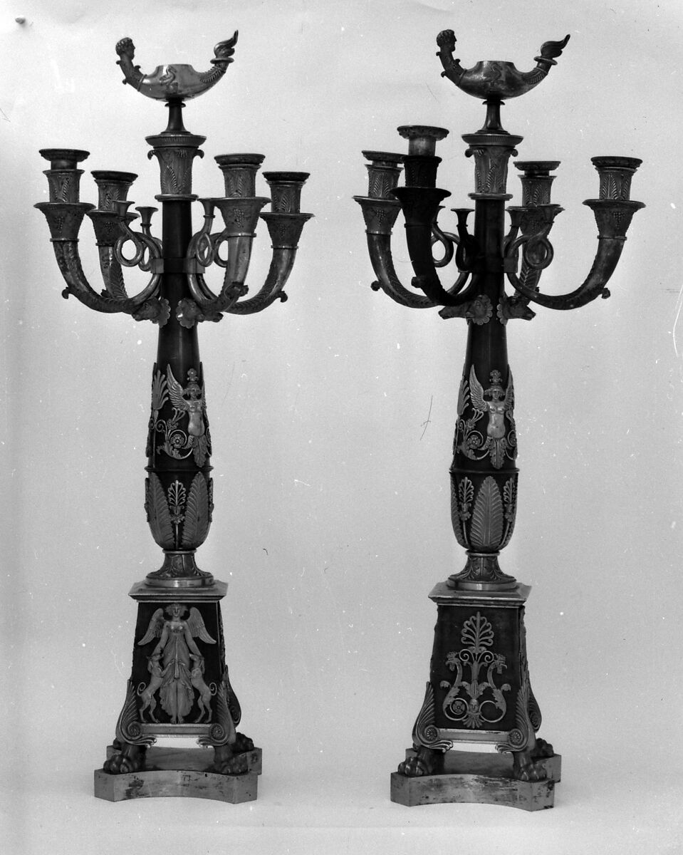 Pair of candelabra, Bronze, partly gilt, French 