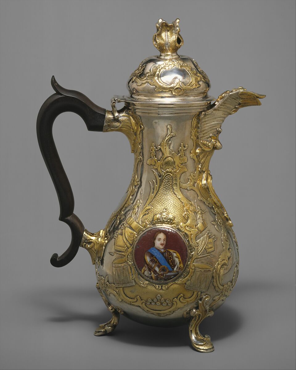 Coffeepot (part of a set), Johan Henrik Blom (Finnish, master 1766, died 1805), Silver, parcel gilt, enamel, wood, Russian, St. Petersburg 