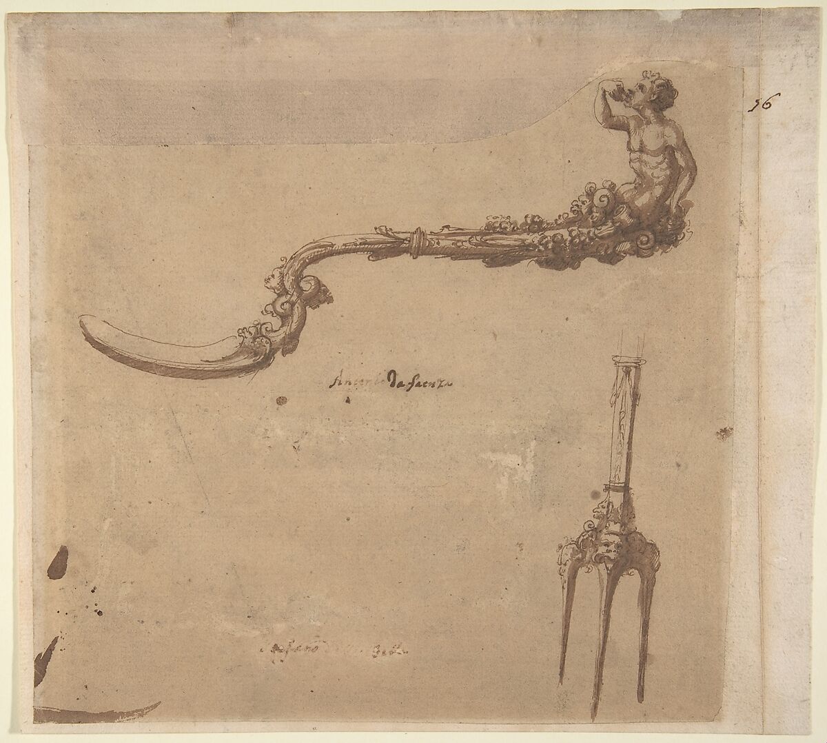 Drawing (design for fork and spoon), Antonio Gentili (Antonio da Faenza) (Italian, Faenza ca. 1519–1610 Faenza (?)), Ink on paper, Italian, Rome 