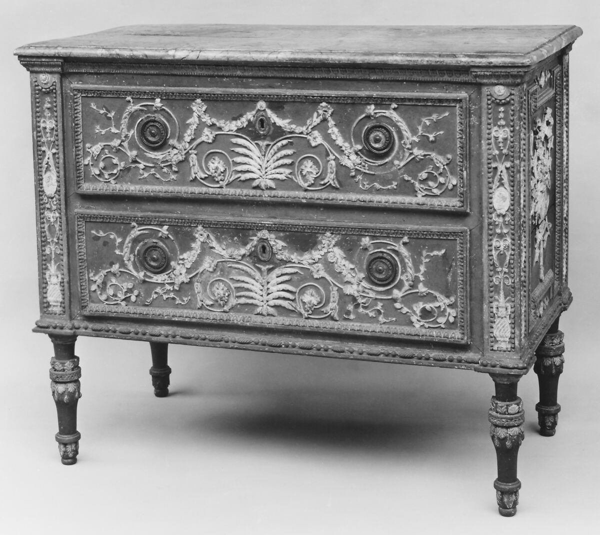 Commode, Painted poplar, gesso, brass, with imitation marble top, Italian, Piedmont, possibly Turin 