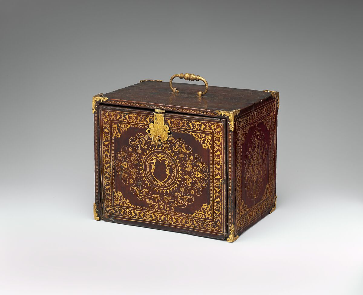 Miniature collector's cabinet, Ivory drawer decoration after a composition by Bernard Salomon (French, ca. 1508–ca. 1561), Dyed and gold-tooled leather on secondary woods pine, poplar, pear, yew; veneers of ivory, mother-of-pearl, pear, plum, ebony, rosewood, holly, ash, green stained poplar; gilded metal; reverse-painted glass, German, possibly Nuremberg