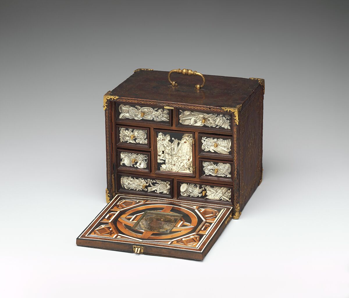 Miniature collector's cabinet, Bernard Salomon  French, Dyed and gold-tooled leather on secondary woods pine, poplar, pear, yew; veneers of ivory, mother-of-pearl, pear, plum, ebony, rosewood, holly, ash, green stained poplar; gilded metal; reverse-painted glass, German, possibly Nuremberg