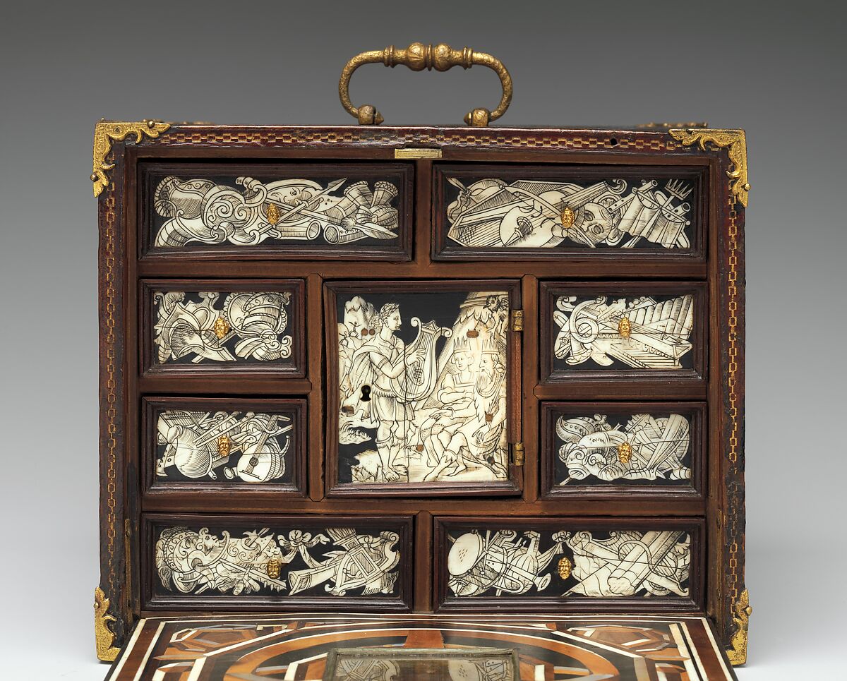 Miniature collector's cabinet, Ivory drawer decoration after a composition by Bernard Salomon (French, ca. 1508–ca. 1561), Dyed and gold-tooled leather on secondary woods pine, poplar, pear, yew; veneers of ivory, mother-of-pearl, pear, plum, ebony, rosewood, holly, ash, green stained poplar; gilded metal; reverse-painted glass, German, possibly Nuremberg