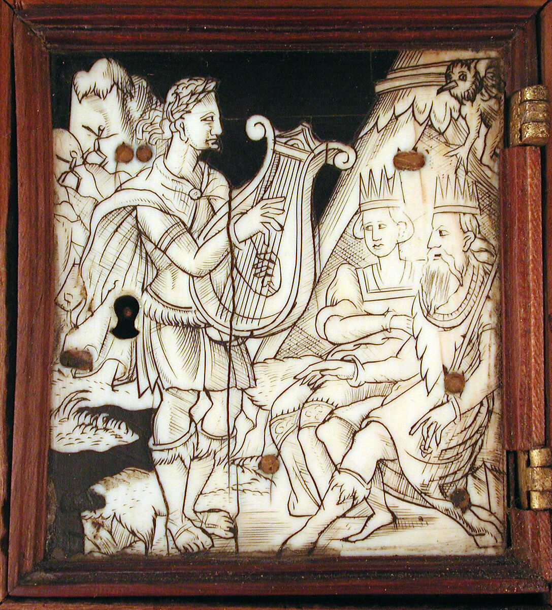 Miniature collector's cabinet, Ivory drawer decoration after a composition by Bernard Salomon (French, ca. 1508–ca. 1561), Dyed and gold-tooled leather on secondary woods pine, poplar, pear, yew; veneers of ivory, mother-of-pearl, pear, plum, ebony, rosewood, holly, ash, green stained poplar; gilded metal; reverse-painted glass, German, possibly Nuremberg