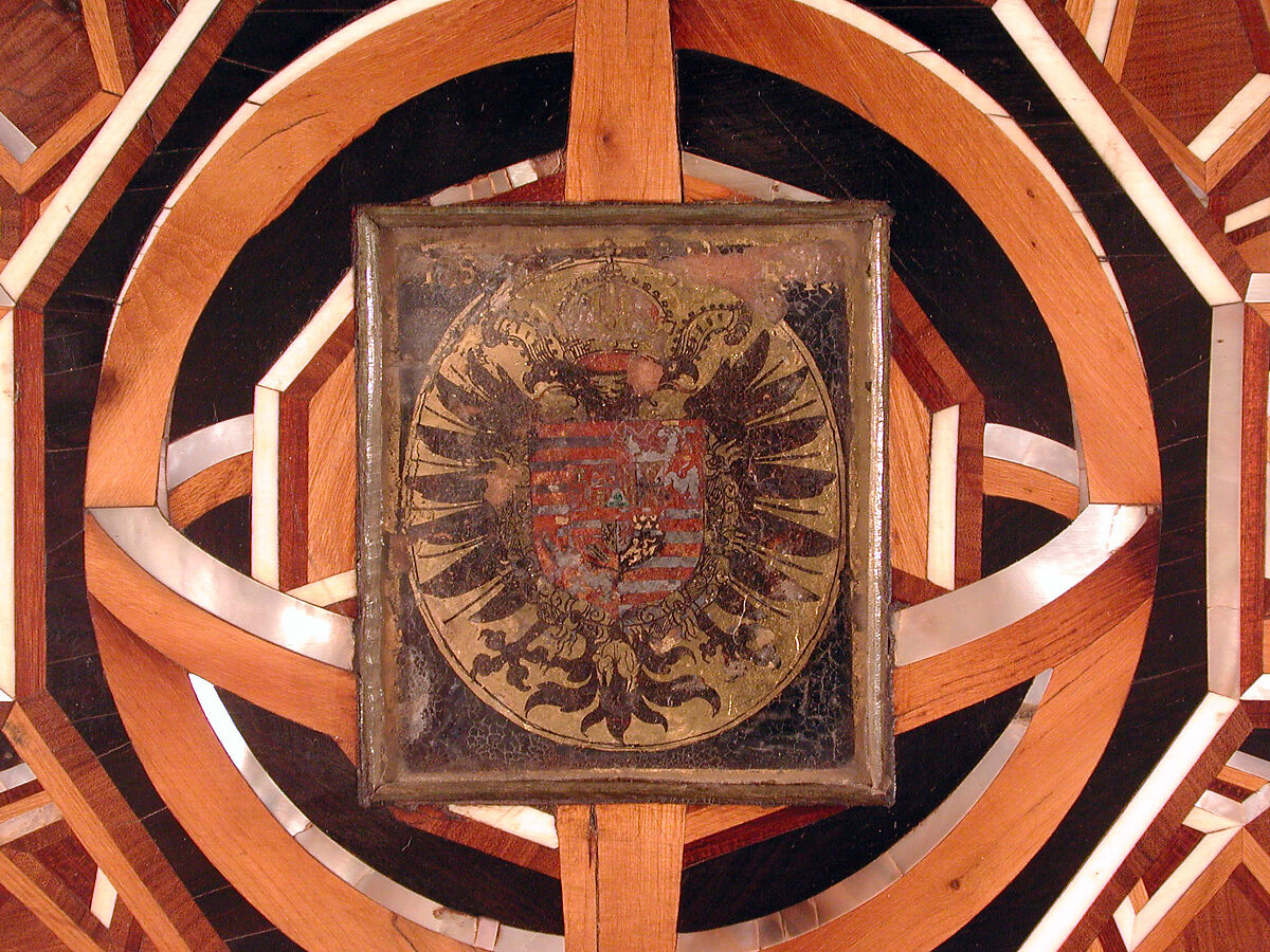 Miniature collector's cabinet, Ivory drawer decoration after a composition by Bernard Salomon (French, ca. 1508–ca. 1561), Dyed and gold-tooled leather on secondary woods pine, poplar, pear, yew; veneers of ivory, mother-of-pearl, pear, plum, ebony, rosewood, holly, ash, green stained poplar; gilded metal; reverse-painted glass, German, possibly Nuremberg