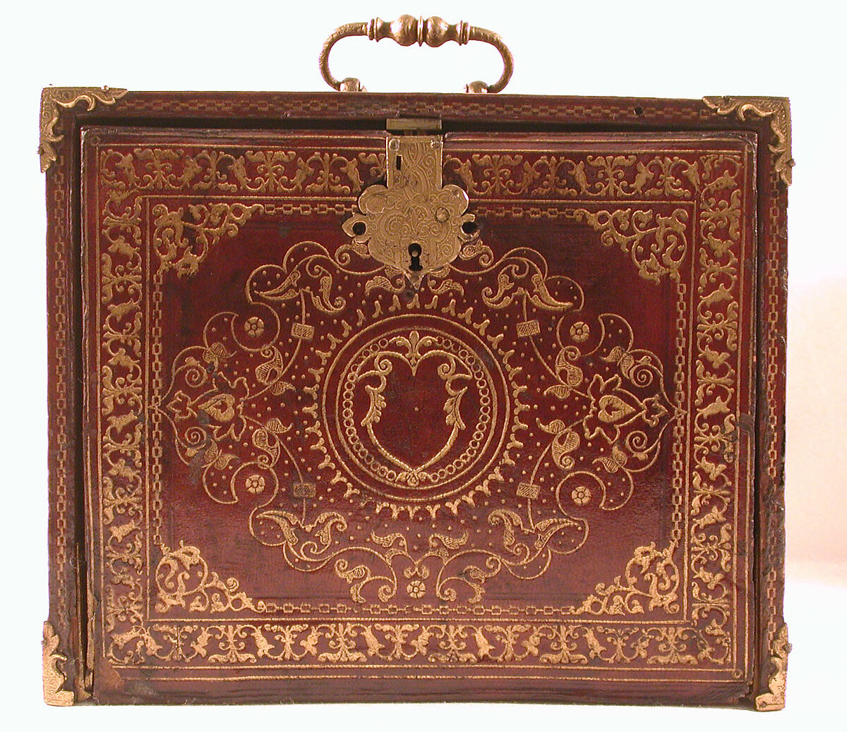 Miniature collector's cabinet, Ivory drawer decoration after a composition by Bernard Salomon (French, ca. 1508–ca. 1561), Dyed and gold-tooled leather on secondary woods pine, poplar, pear, yew; veneers of ivory, mother-of-pearl, pear, plum, ebony, rosewood, holly, ash, green stained poplar; gilded metal; reverse-painted glass, German, possibly Nuremberg