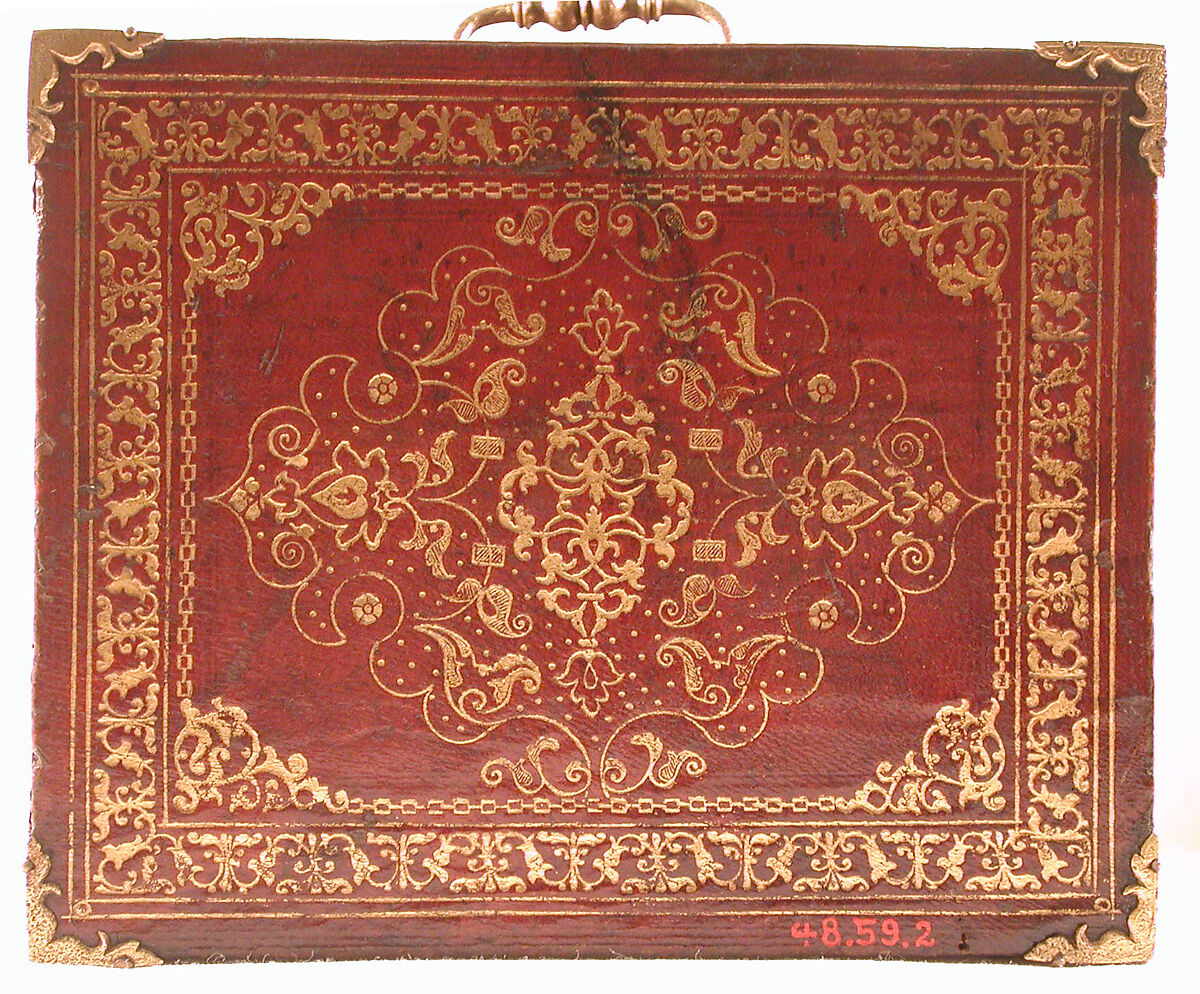 Miniature collector's cabinet, Ivory drawer decoration after a composition by Bernard Salomon (French, ca. 1508–ca. 1561), Dyed and gold-tooled leather on secondary woods pine, poplar, pear, yew; veneers of ivory, mother-of-pearl, pear, plum, ebony, rosewood, holly, ash, green stained poplar; gilded metal; reverse-painted glass, German, possibly Nuremberg