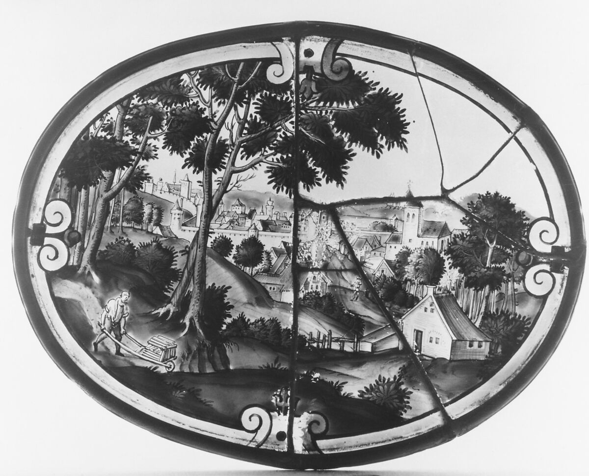 Landscape with view of a town (one of three), Attributed to the workshop of Christoph Murer (Swiss, Zurich 1558–1614 Winterthur), Glass, Swiss, Zurich 