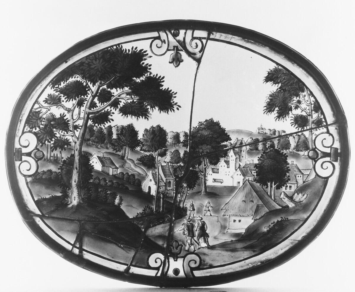 Landscape with view of a village (one of three), Attributed to the workshop of Christoph Murer (Swiss, Zurich 1558–1614 Winterthur), Glass, Swiss, Zurich 
