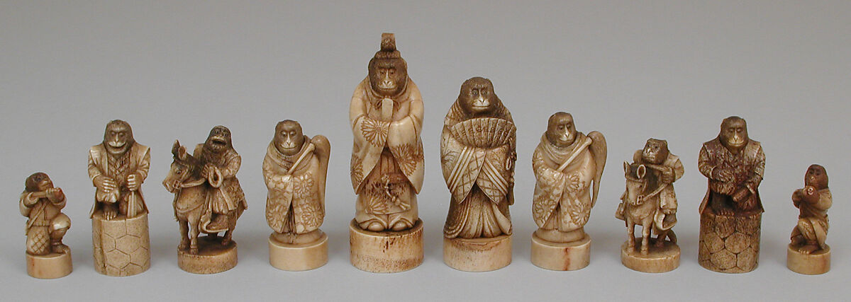 Chessmen (32) in the form of anthropomorphized monkeys, Ivories (bone and horn), Japanese