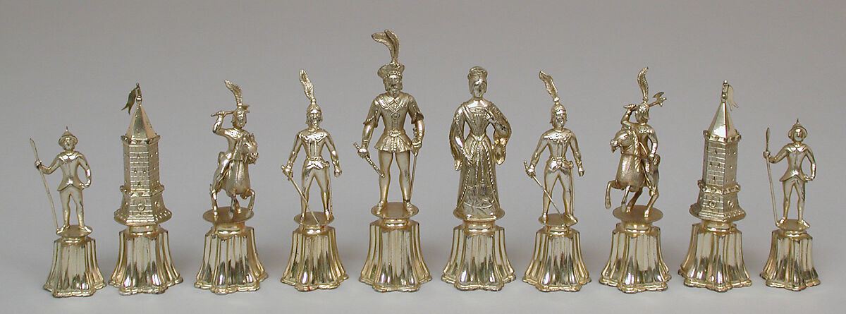Chessmen (32) and board, Silver, silver gilt, German 