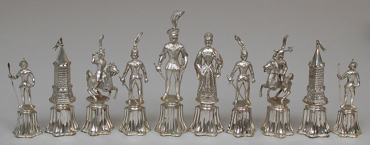 Chessmen (32) and board, Silver, silver gilt, German