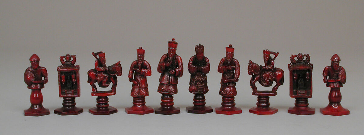 Chessmen (32) and board, Amber, clear and cloudy, Chinese