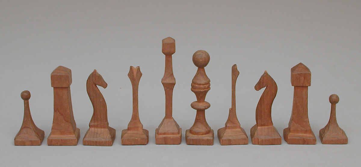 Chessmen (30) and box, Carved by Byron W. Stanton, Wood, American 