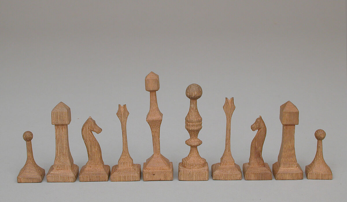 Chessmen (30) and box, Carved by Byron W. Stanton, Wood, American