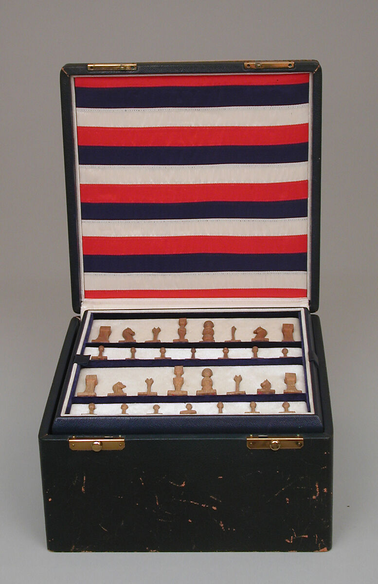 Chessmen (30) and box, Carved by Byron W. Stanton, Wood, American