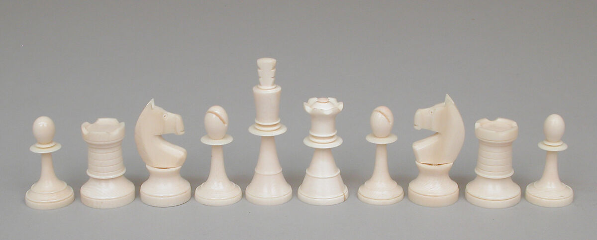 Chessmen (32) and box, Ivory, ebony, French, Dieppe
