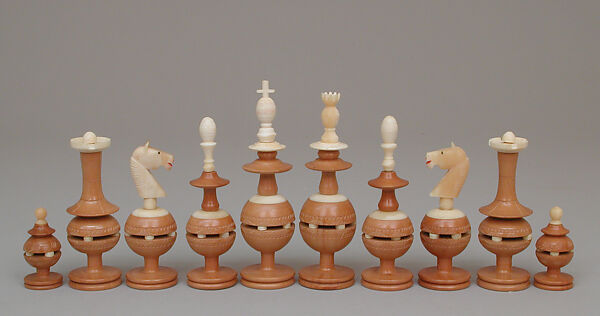 Chessmen (32) and box-board, Wood, bone, Mexican, Paracho