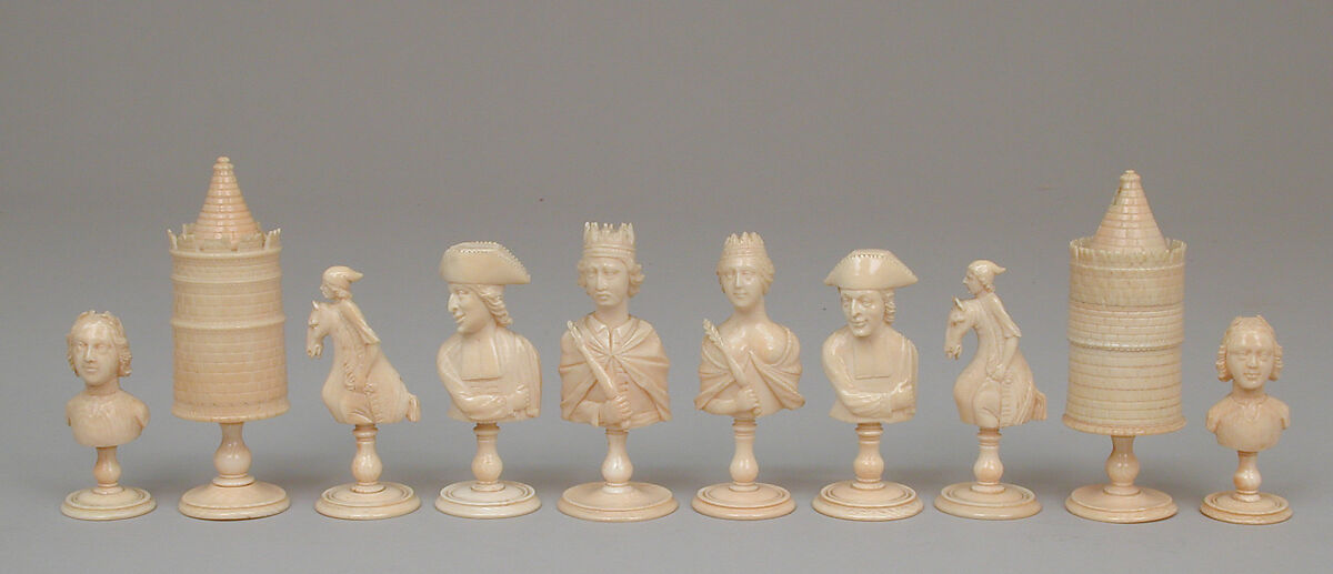 Chessmen (32) and box, Ivory, mahogany, brass, French, Dieppe 