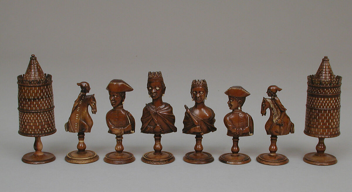 Frenchmen and African chessmen (32) and box, Ivory, mahogany, brass, French, Dieppe