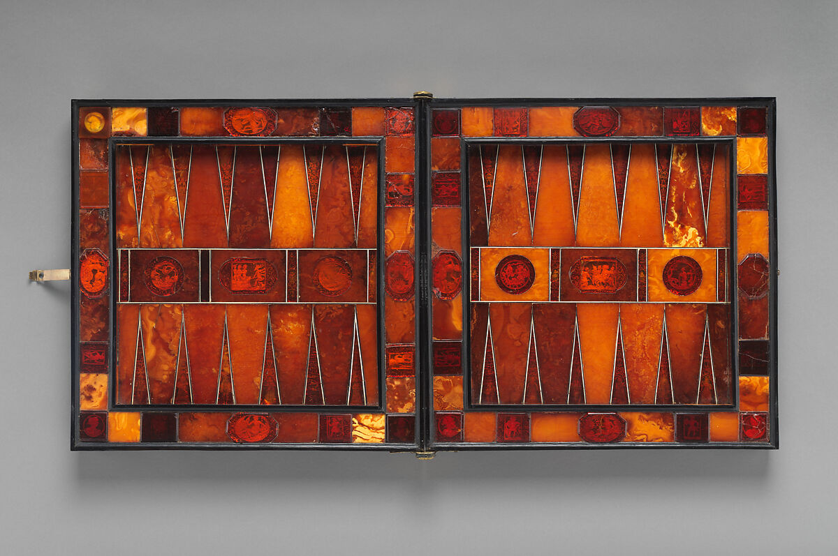 Chess and backgammon game board, Circle of Georg Schreiber (German, active 1616–1643), Amber, ivory, brass, gold foil, ebony, German, Königsberg (Kaliningrad, Russia) 