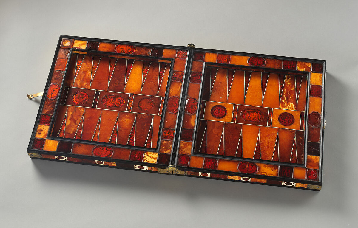 Chess and backgammon game board, Circle of Georg Schreiber (German, active 1616–1643), Amber, ivory, brass, gold foil, ebony, German, Königsberg (Kaliningrad, Russia)