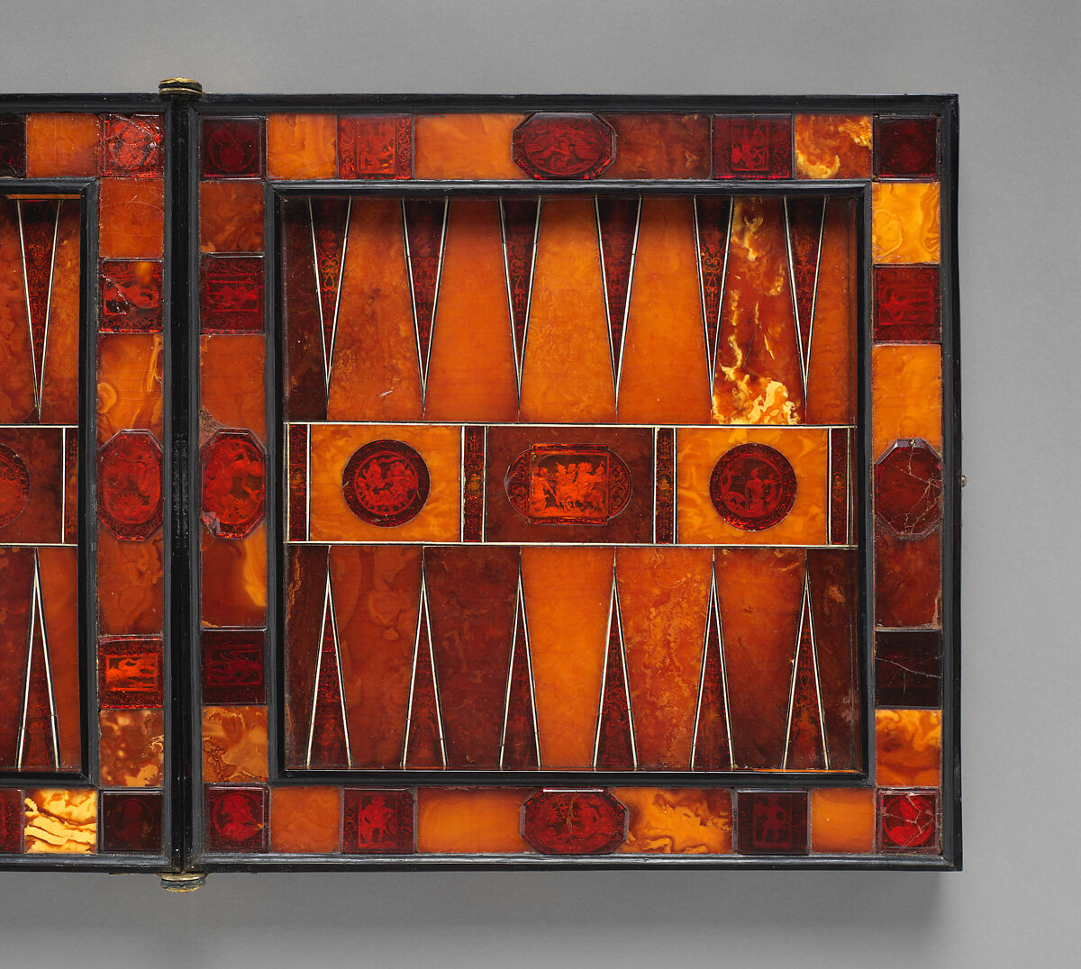 Chess and backgammon game board, Circle of Georg Schreiber (German, active 1616–1643), Amber, ivory, brass, gold foil, ebony, German, Königsberg (Kaliningrad, Russia)