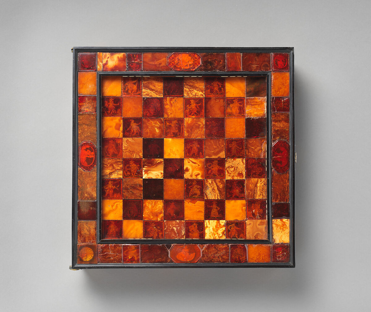 Chess and backgammon game board, Circle of Georg Schreiber (German, active 1616–1643), Amber, ivory, brass, gold foil, ebony, German, Königsberg (Kaliningrad, Russia)