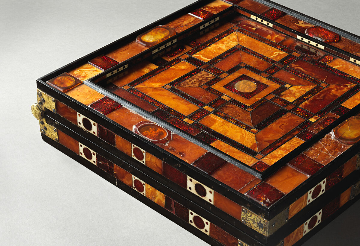 Chess and backgammon game board, Circle of Georg Schreiber (German, active 1616–1643), Amber, ivory, brass, gold foil, ebony, German, Königsberg (Kaliningrad, Russia)