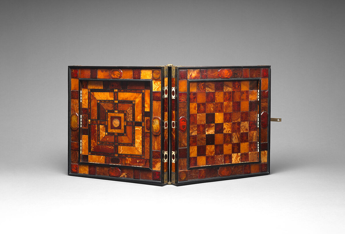 Chess and backgammon game board, Circle of Georg Schreiber (German, active 1616–1643), Amber, ivory, brass, gold foil, ebony, German, Königsberg (Kaliningrad, Russia)