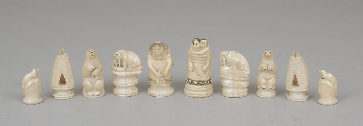 Eskimo figures chessmen (32), Walrus ivory, American Eskimo, Alaska