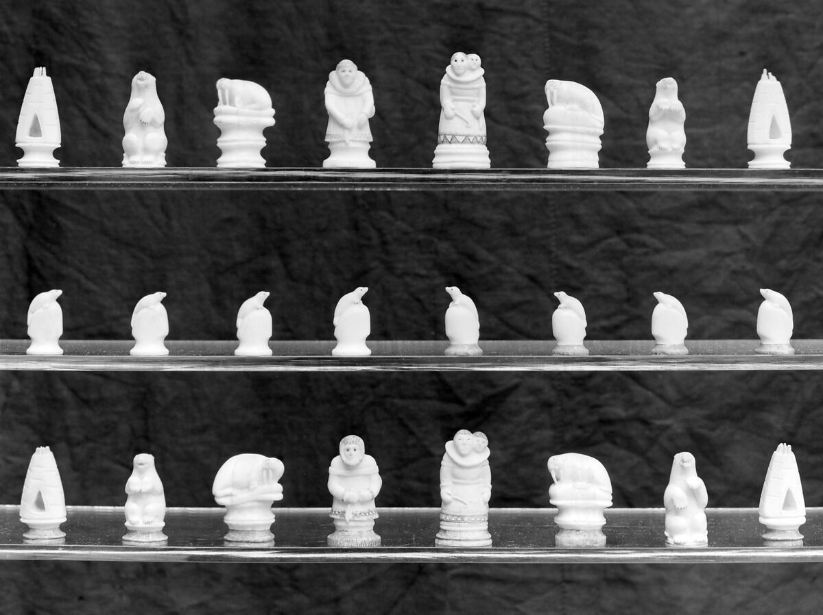 Eskimo figures chessmen (32), Walrus ivory, American Eskimo, Alaska