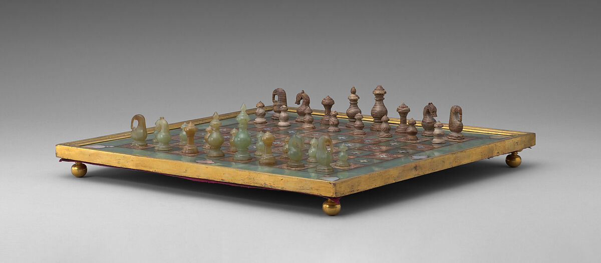 Chessmen (32) and board with box, Jade, brown onyx marble, bronze, mother-of-pearl, Indian
