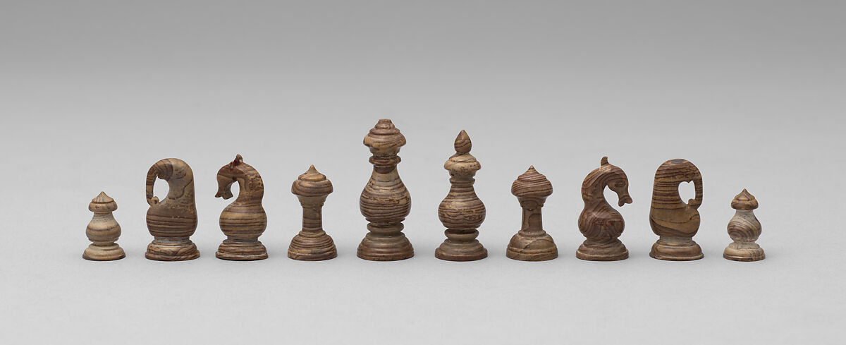 Chessmen (32) and board with box, Jade, brown onyx marble, bronze, mother-of-pearl, Indian