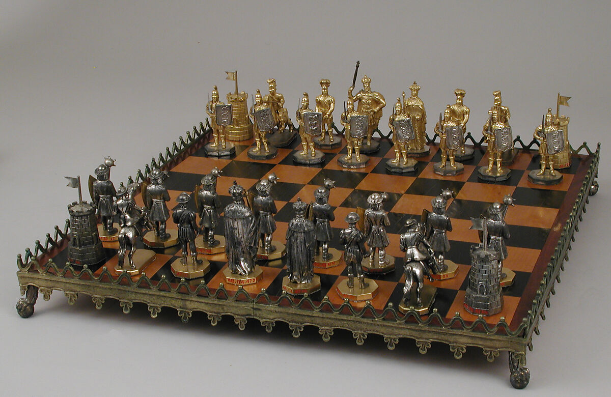 Chessmen (32) and board, Silver, silver-gilt, sycamore and ebonized wood, brass, German 