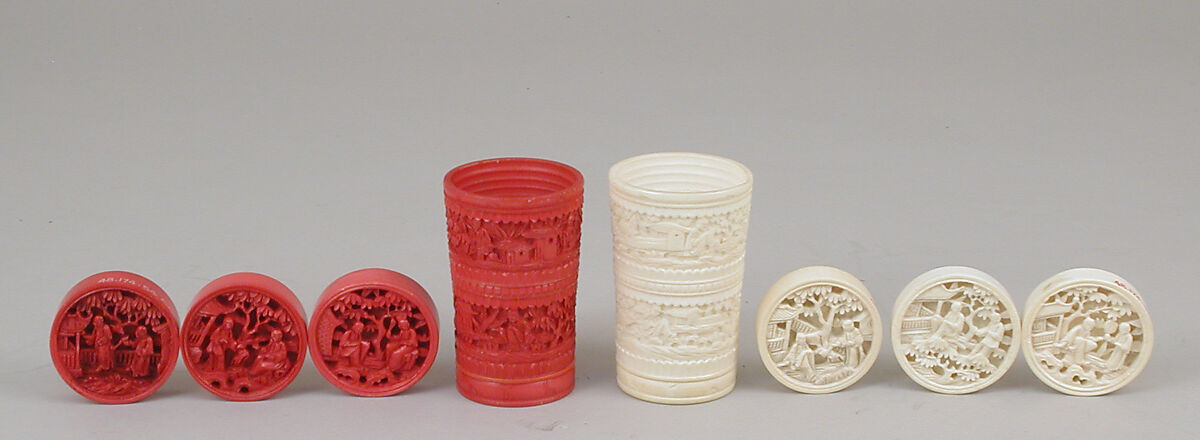 Draughtsmen (34) and cups (2), Ivory, Chinese 