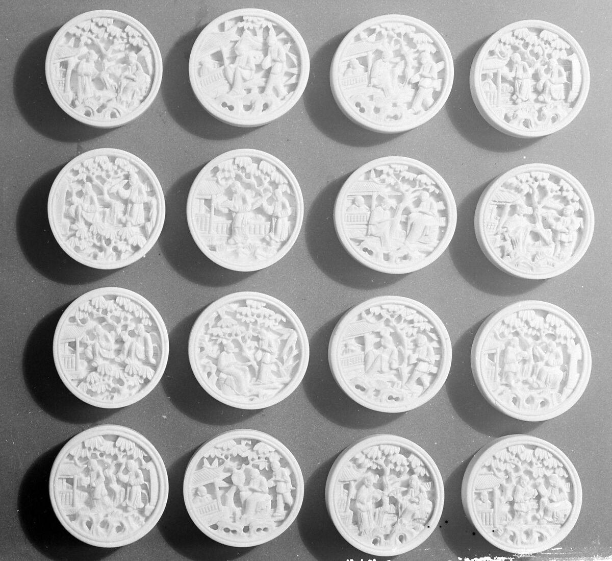 Draughtsmen (34) and cups (2), Ivory, Chinese