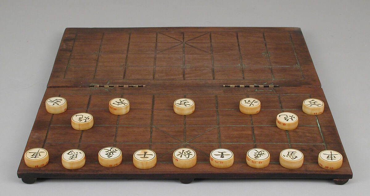 Chessmen (30) and board and box, Ivory, wood, Chinese