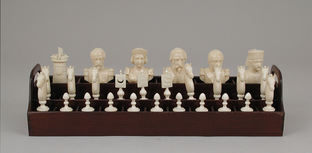 Chessmen (72) with box-board, François Gilot (French), Ivory: stained and natural; ebony, French 