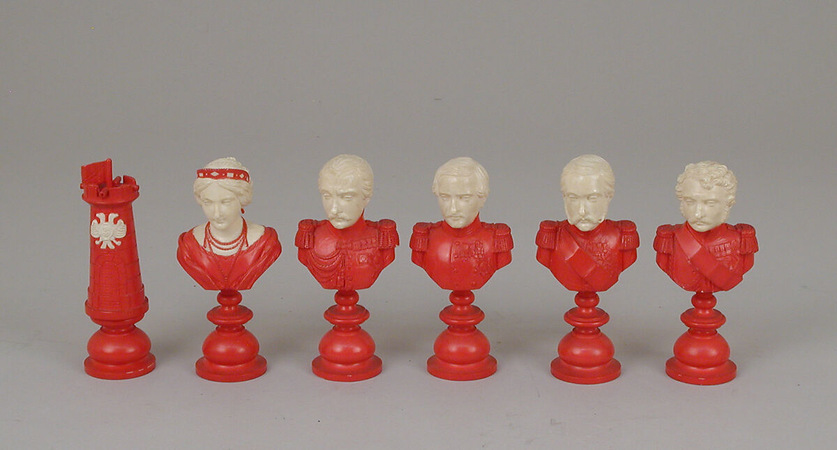 Chessmen (72) with box-board for "double" chess, François Gilot (French), Ivory: stained and natural; ebony, French