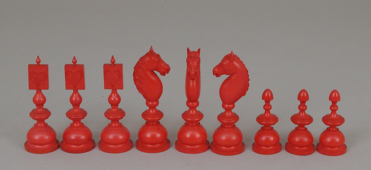 Chessmen (72) with box-board for "double" chess, François Gilot (French), Ivory: stained and natural; ebony, French