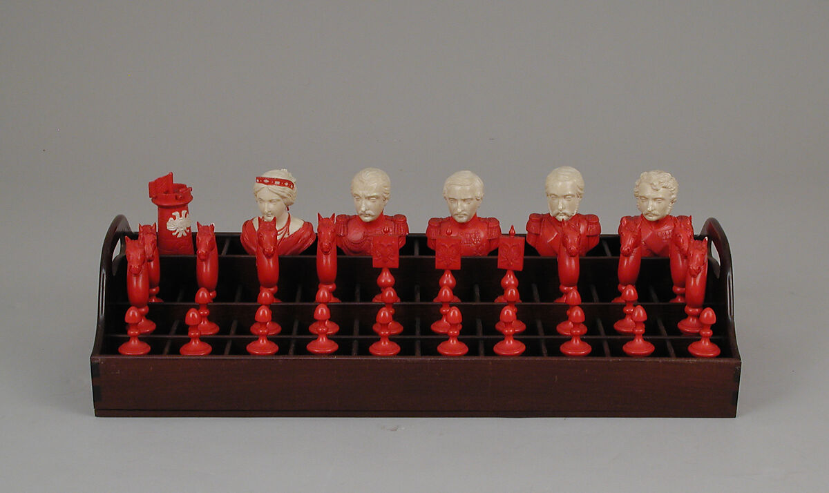 Chessmen (72) with box-board for "double" chess, François Gilot (French), Ivory: stained and natural; ebony, French