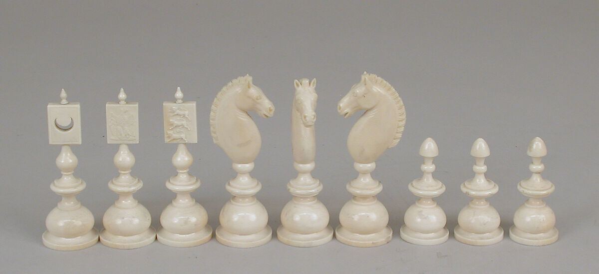 Chessmen (72) with box-board for "double" chess, François Gilot (French), Ivory: stained and natural; ebony, French